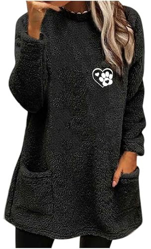 Pullover für Damen, Winter und Herbst, Rundhalsausschnitt, trendig, bedruckt, lange Ärmel, ohne Kapuze, Tops mit Taschen, verdickter, warmer Mantel, Top, bequeme Pulloverblusen, 02#schwarz, XXL