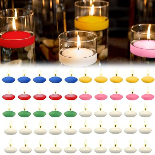 bechoanigel 50 Stücke Schwimmkerzen, Unparfümierte Tropffreies Schwimmende Kerzen, Floating Candles, Wasserkerzen Geeignet für Schwimmkerzenhalter, Schwimmdeko, Hochzeiten - Bunt