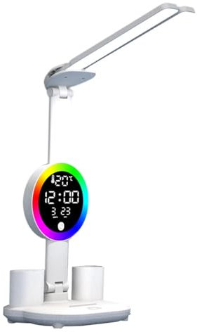 LOVIVER LED-Schreibtischlampe, Leselampe, praktisch, mit Uhr, Datum, Temperatur, helle, zweiköpfige Tischlampe für das Lesen im College, Uhr