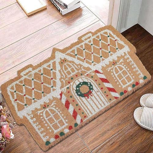 Ancsttu Weihnachts Fussmatte, Lebkuchenhaus Türmatte, Weihnachtliche Willkommensmatte, rutschfeste Und Saugfähige Schmutzfangmatte Fußmatte Weihnachtsdekoration Für Drinnen Und Draußen, 60x40cm
