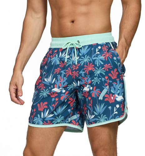EDOTON Shorts de Bain Homme Maillot de Bain pour Homme Short de Plage à Séchage Rapide avec Réglable et Poches Surf Short uni Imprimé (Corail Bleu Marine,EU XL)