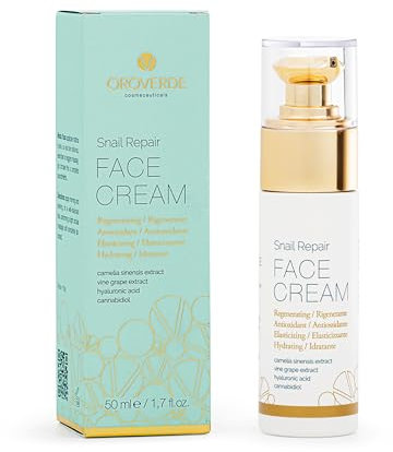 OROVERDE cosmeceuticals Snail Repair Face Cream 50ml, Crema Viso Antiage Protettiva, 65% Bava di Lumaca Italiana, Alta concentrazione di Acido Ialuronico, Vitamine E, B3 e B5 - Idrata e Rigenera