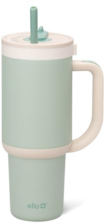 Ello Oasis 30oz Insulated Stainless Steel Tumbler with Straw, Pistachio | Insulated stainless steel cup with handle, retracting straw, leakproof lid, keeps cold 24 hours, cupholder fit