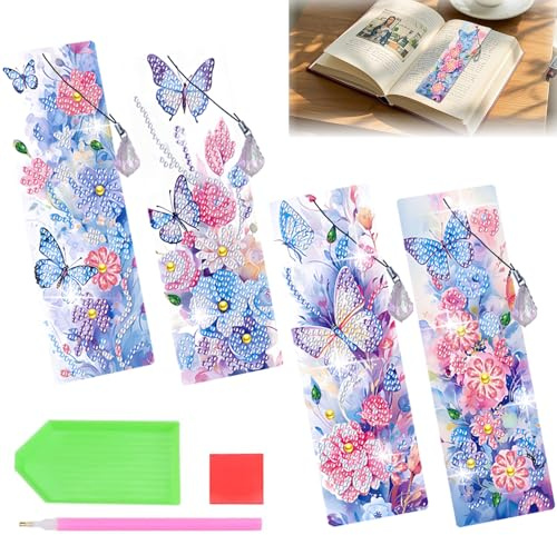CAYUDEN Diamond Painting Kinder, 4 Stück DIY Bastelset Kinder ab 6 8 10 Jahre 5D Diamond Painting Stitch, Kindergeburtstag Basteln Schmetterling Lesezeichen Geschenke für Mädchen, Mutter, Freunde