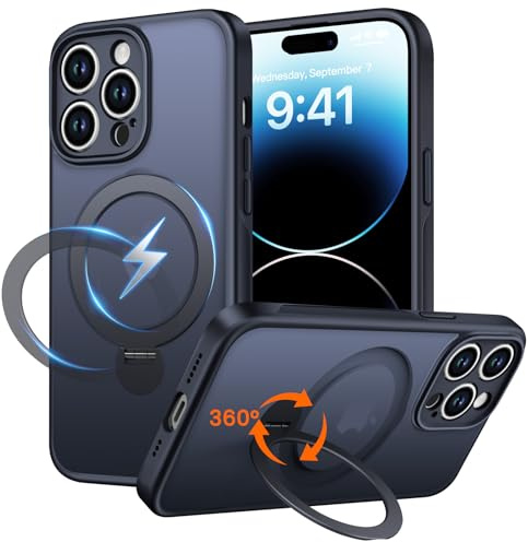PuyaTeya Magnet-Ständer 360° für iPhone 14 pro max Hülle, Matt-Schwarz | Kompatibel mit Magnetischer 16FT Military Drop Protection, Anti-Kratzer/Fingerabdruck Handyhülle für iPhone 14 pro max