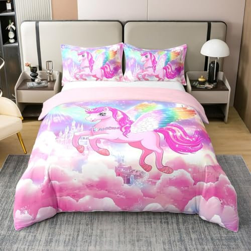 Pink Unicorn Bedding Set Double Girly Princess Style 100% Cotton Duvet Cover Dreamy Fairy Tale Bed Set Room Decor Nebula Fireworks Rainbow Comforter Cover 2 Pillowcases Soft(Not Comforter)