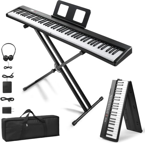 Ktaxon Faltbares Keyboard-Piano mit 88 Tasten, Digitalpiano mit verstellbarem Dual-X-Form-Ständer, tragbare Tasche, professionelles Pedal, Stereo-Kopfhörer und intelligente MIDI-Bluetooth-Funktion