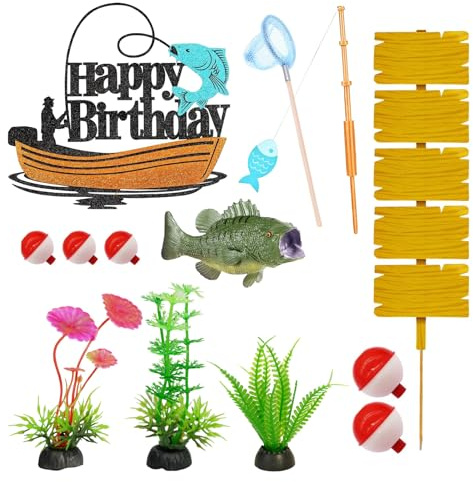 QingWing Angeln Kuchen Dekoration Set, 17 Stück Cake Decoration Fish, DIY Fischer Geburtstagsparty Dekoration, Party Zubehör für Geburtstagsfeiern, Urlaub Parteien, Angeln Feiern