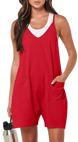 YGJIEGENG Women's Short Dungarees Jumpsuit Casual Summer Sleeveless Overalls Adjustable Strap Loose Shortalls Jumpsuits Wide Leg Short Rompers with Pockets,Bright Red,S
