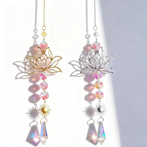 2 Pièces Attrape Soleil, Suncatcher, Sun Catcher, Cristal, Lotus, Ornements, Adaptés à La Décoration des Fenêtres, Chambres à Coucher, Salons, Jardins, Cadeaux (Argent, Or)