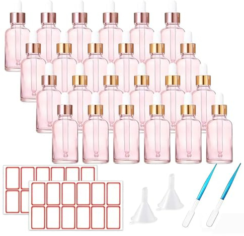Guilinone 24 x 30ml Glass Dropper Bottles Essential Oil Storage Bottle Refillable with Glass Pipette Plastic Funnels and Labels (pink-24pcs)