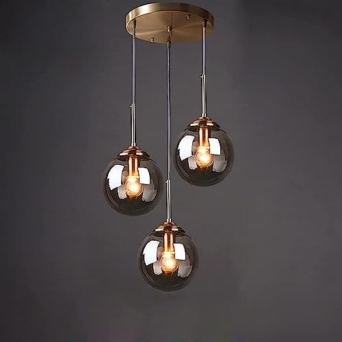 MESOVFCA Suspension Ronde à 3 lumières en Verre soufflé Gris fumé avec Boule Noire, Style Industriel Moderne du Milieu du siècle, idéale pour Un îlot de Cuisine ou Une Table à Manger.