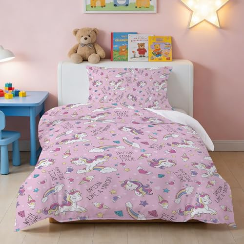 DJDEA Pink Unicorn Cot Bed Duvet Cover Set 120x150cm, Duvet Cover Set for Girls Children Duvet Cover Set, Microfiber Junior/Cot bedding Matching Pillowcase 40 x 60 cm