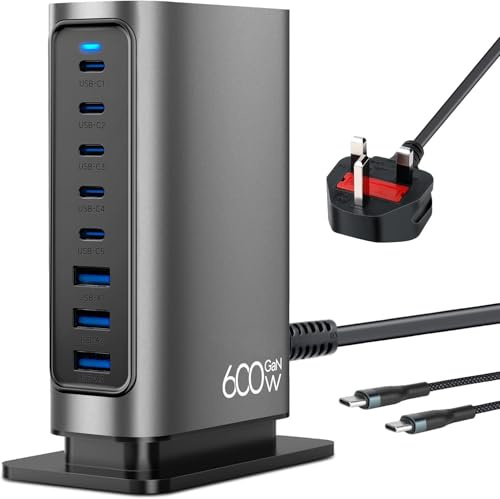 USB C Charging Station, 600W 8-Port GaN Charger Station PD 100W 140W Fast Charging USB C Charger Compatible with MacBook Pro/Air, iPad Pro, Dell XPS, iPhone 16/15/14/13/12, Galaxy S23/S22