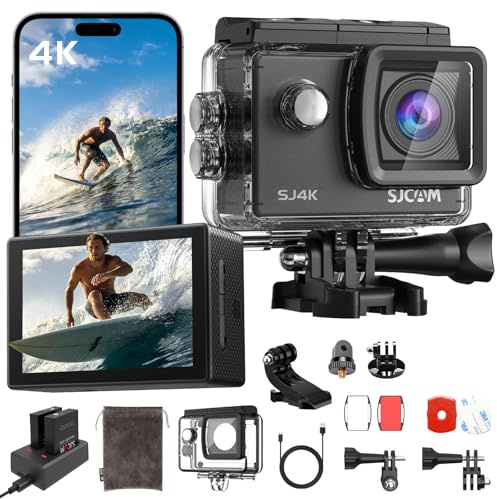SJCAM SJ4000 4K30fps Action Camera,40MP EIS Stabilization,3-Axis Motorcycle Helmet Sport Camera, 170° FOV | 30M Waterproof Underwater Camera, 5X Zoom,Dual Batteries
