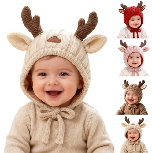 Baby Wintermütze Junge Mädchen Weihnachtsmütze Niedliche Geweih Strickmütze Winter Warm Mütze Fleecefutter Ohrenschützer Hut Gemütliche Kopfbedeckung für Neugeborene Kleinkinder