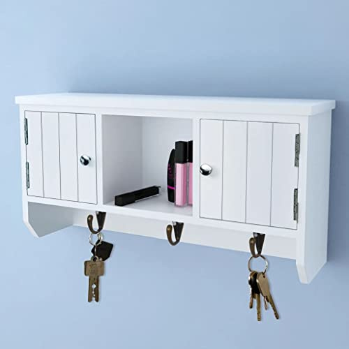 Yisssmeng Armoire à clés murale blanche avec 3 crochets et 2 portes, 40 x 8,5 x 20 cm, meuble de rangement en MDF pour couloir, entrée, chambre et bureau