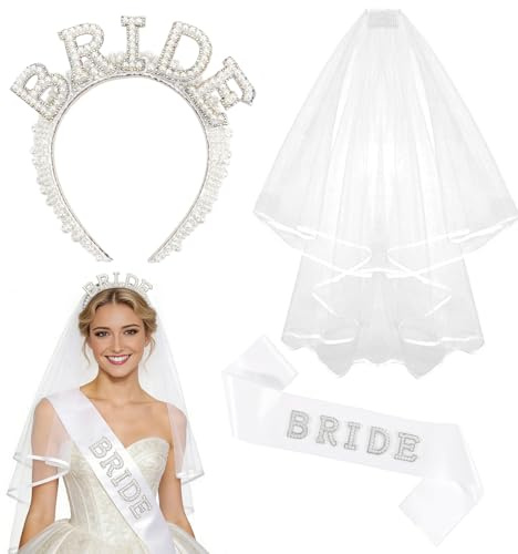 IHLOOTD Braut Accessoires 3 Stück Brautschleier Bride to Be Schärpe Perlen Bride Haarreif JGA Braut Accessoires für Hochzeit, Bachelorette, junggesellinnenabschied, Brautdusche