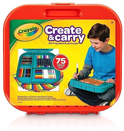 Crayola Create 'N Carry Travel Art Set for Kids (75pcs), 2-in-1 Lap Desk & Carrying Case, Essential Art Supplies Kit, Spring Crafting, Gift for Kids