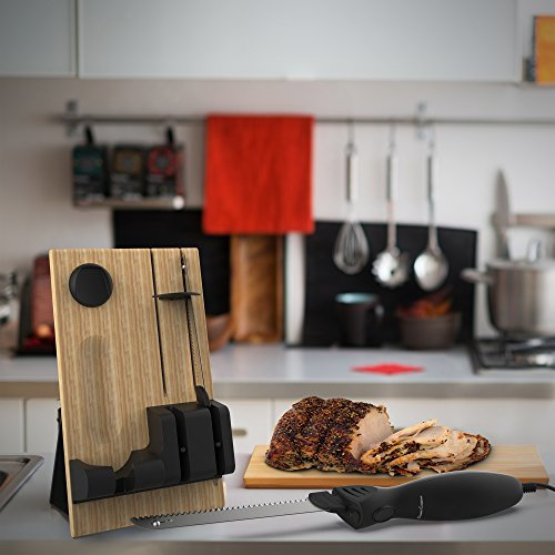 Classic Cuisine Elektrisches Tranchiermesser-Set mit 2 Edelstahlklingen, Komfortgriff und Holzaufbewahrungsblock zum Schneiden von Brot, Fleisch usw