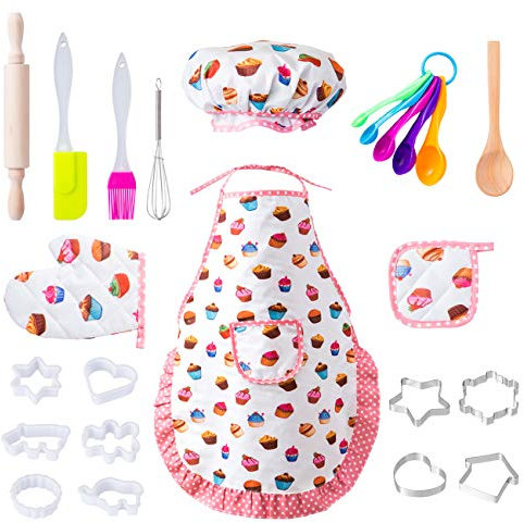 LIHAO 20pcs MINI Jeu Cuisine Enfant Chef Jeu d'imitation Ustensile Pâtisserie Emporte Pièce avec Tablier Chapeau pour Fête Anniversaire Halloween Noël Fille