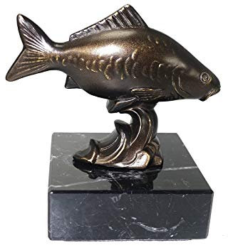 Henecka 🎣 Angelsport-Pokal, Metall-Guss-Figur Angler, Sportfischer Trophäe, Fisch Skulptur Karpfen Bronze, Marmorsockel, mit Wunschgravur