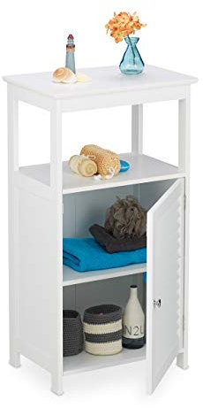 Relaxdays Mueble de Baño de Pie, 3 Compartimentos, Puerta de Persiana, 83 x 45 x 30 cm, Compacto, Armario Cocina, Blanco