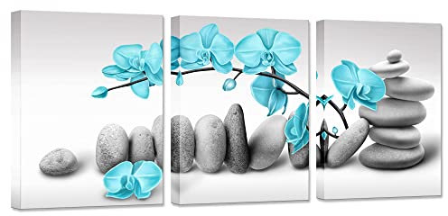 Biuteawal 3-teilige Zen-Wandkunst, blaue Orchidee mit Spa-Steinen, Leinwanddruck, grau-türkis, Blumenmalerei, friedliche Kunstwerke, modernes Spa-Yoga, Zuhause, Büro, Badezimmer-Dekoration