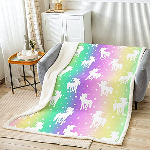 Homewish Einhorn Sterne Plüsch Bettdecke 150x200 für Mädchen Kinder Teens Regenbogen Bedruckte Decke Tie Dye Pastell Sherpa Decke Girly Sweet Iridescent Decor Fleece Flanket Bunt