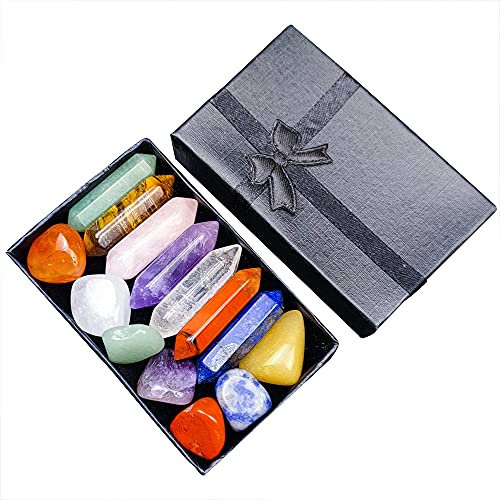 AITELEI Kit de Cristaux de guérison, Baguettes de guérison de Cristaux de Chakra, 7 Pierres roulées de Chakra, colonnes hexagonales de Cristal de guérison Baguettes à Double Pointe pour Chakra