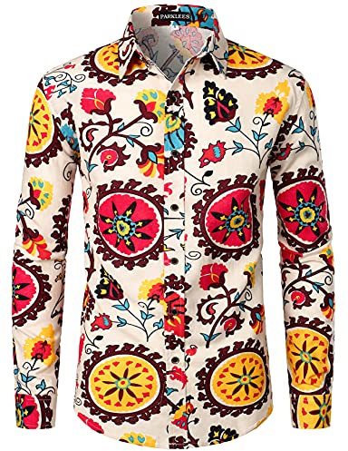 PARKLEES Mens Retro Traditional Ethnic Pattern Printed Linen Long Sleeve Button Down Shirt Beige Yellow M