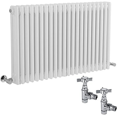Warmehaus Traditional Cast Iron Style 600 x 1010mm White Triple Horizontal Column Radiator with Cross Head Radiator Valves Set