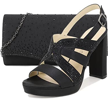 QUEEN HELENA Elegante Schuhe mit Absatz Strass und Plateau mit Clutch Damen S2719, Schuh Mit Tasche Schwarz, 36 EU