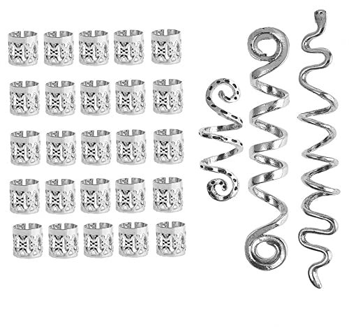 28 Stück Dreadlocks Schmuck Haarspiralen Clips, Verstellbar Metall Cuffs Haar Flecht Perlen Haarschmuck Braids Zubehör Für Frauen Männer Zöpfe Dekoration (Silber)