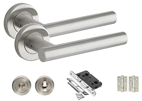 Golden Grace Straight T-Bar Door Handles, Satin Nickel Finish | Includes a pair of ball bearing hinges, spindle, woodscrews and an allen key for a complete, hassle-free installation.