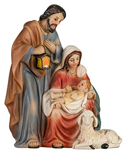 MaMeMi HEILIGE Familie als KRIPPENBLOCK – Kompakte MINI-KRIPPE mit Maria, Josef & Jesuskind [Handbemalt, ca. 9,5 cm, aus KUNSTHARZ] – WEIHNACHTSKRIPPE für Advents- & Weihnachtsdeko