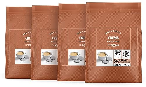 by Amazon dosettes de café Crema Compatibles Senseo, 100 % arabica, 144 Pièces, 4 lot de 36 - Certifié Rainforest Alliance