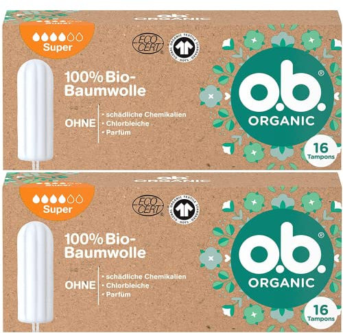 2 Packungen Tampon - O.B. Organic Normal, (16 Stück) Bio-Tampons für mittlere bis starke Tage, aus 100% Bio-Baumwolle für natürlichen Schutz, braun, 30360