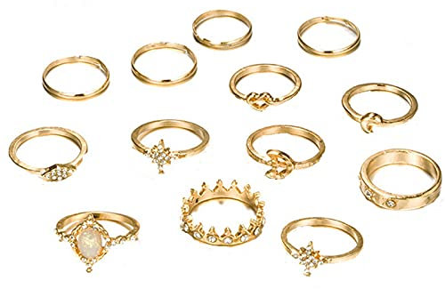 Rubu22a Bohemian Set Golden Women Ring Ring mit 13 Stück 585 Gelb Ringe