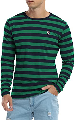KUYIGO Mens Long Sleeve Striped T Shirt Cotton Classic Crew Neck Young Fashion Tops M Green Navy