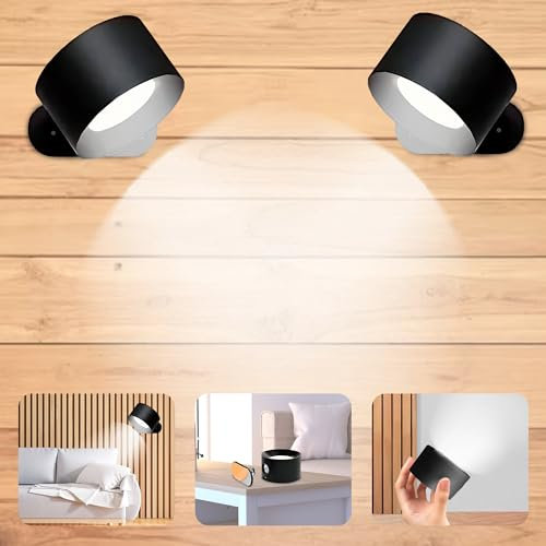 JUPPLIES Lampara de Pared Luz Led 2 Pcs Negro - Aplique Lectura Dormitorio Interior Focos Giratorios de 360° con Carga USB - Lampara con 3 Niveles Brillo