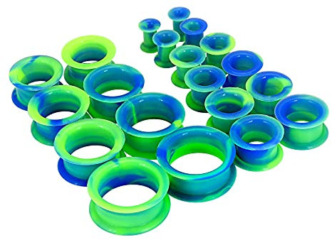 Longbeauty 20er Set/10 Paare Weich/Hart Silikon Tunnel Set Dehnungsset Ohr Piercing Schmuck Double Flared Flexible Stretching Expander, Blau/Grün(Hart)