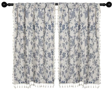 Moslovstar 2 Paneele Leinenvorhänge mit Quasten, Bauernhaus, blau, floral, Vintage, halbtransparenter Fenstervorhang für Küche und Bad, 66 x 92 cm, Stufenvorhang