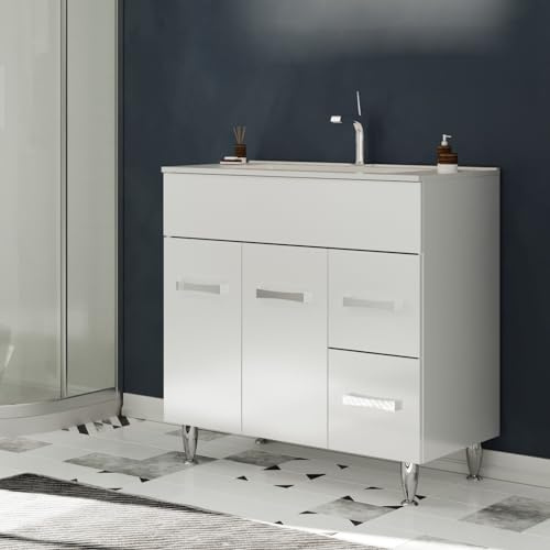 MADRID Meuble salle de bain sur pieds simple vasque Blanc largeur 80 cm