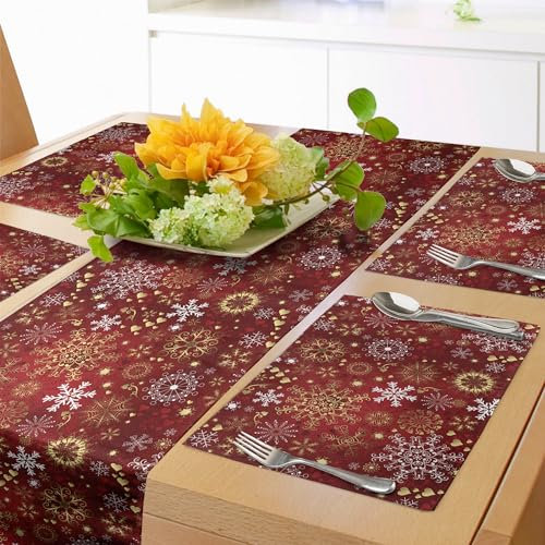 ABAKUHAUS Winter Tischläufer & 4 Stück Tischsets, Altmodische Weihnachtsherzen und Wirbel Vintage-Komposition, Set für die Tischdekoration, 180 cm x 40 cm, Zinnoberrot Gelb Weiß
