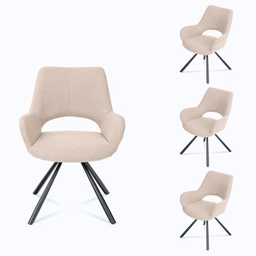 MEUBLE COSY Esszimmerstühle 4er Set Küchenstuhl Polsterstuhl mit Armlehne Sessel Sitzfläche aus Stoff Metallbeine, Beige, 58.5x59x81cm