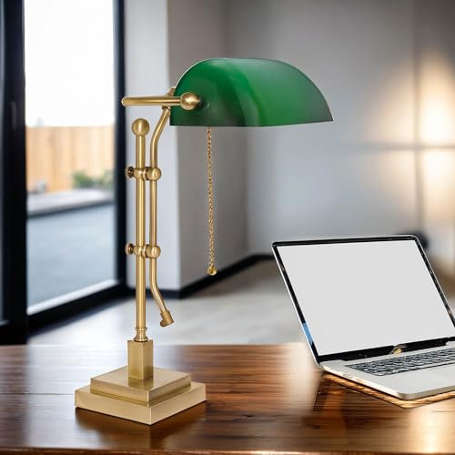 Licht-Erlebnisse Schreibtischlampe Zugschalter Grün Bronze hell 49 cm hoch schwenkbar aus Messing Glas Jugendstil E27 Bankerlampe Tischleuchte Arbeitszimmer