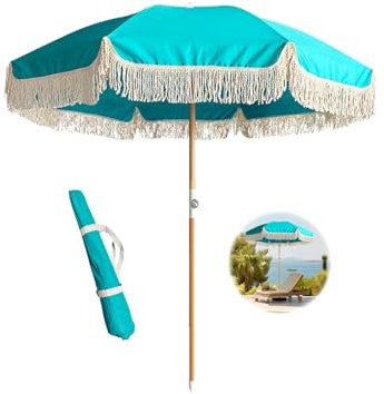 Sombrilla de playa con flecos, estilo bohemio, color azul, UPF50+, para arena, 180 cm, sombrilla de patio con inclinación, portátil, con bolsa de transporte, sombrilla de playa, poste de madera,