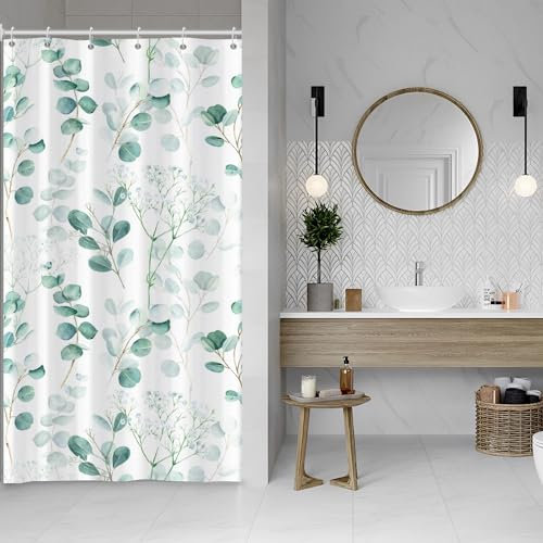 ASDCXZ Eukalyptusblätter Duschvorhang 120x180 cm, Frühling Türkis Eukalyptus Blätter Blumen Bad Waschbar Schmal Duschvorhänge Polyester Textil Wasserdicht Duschvorhang für Badewanne mit 8 Haken