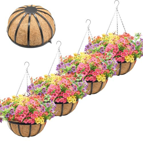 JFFLYIT Lot de 4 pots de fleurs à suspendre de 35,6 cm pour plantes d'extérieur en métal avec doublure en fibre de coco - Pots de fleurs ronds en fer plat noir pour terrasse, patio, porche, jardin,